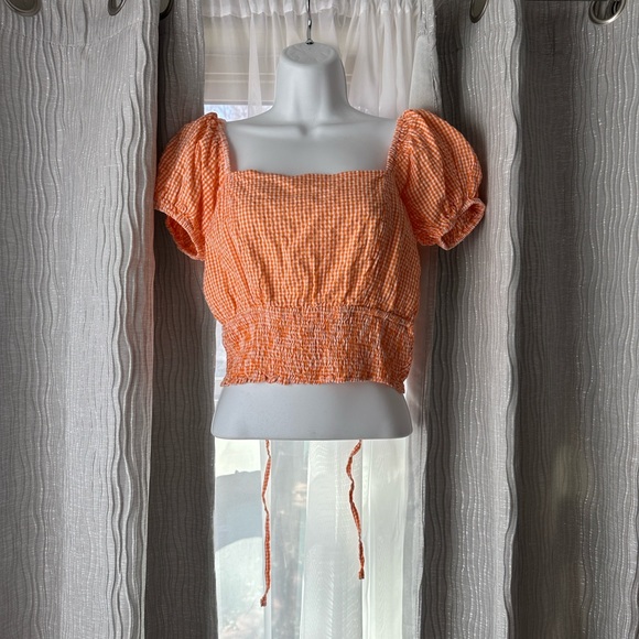 Source Unknown Tops - Source Unknown Orange Gingham Lace-Up Crop Top